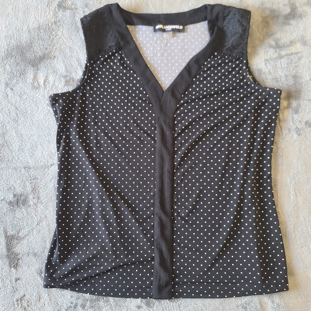 Karl Lagerfeld Paris Black & White Polka‎ Dot Lace Sleeveless Blouse Size Medium